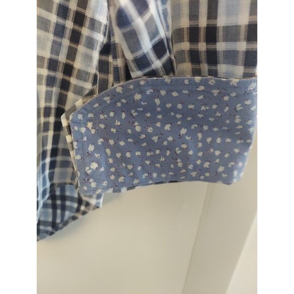 Thomas Dean Cotton Shirt Size L Blue Plaid Shirtmaker Flip Cuff Long Sleeve - Picture 3 of 7